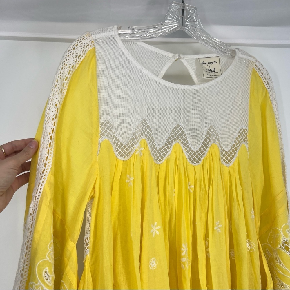 Free People x House of Aama Yellow 100% Cotton Floral Embroidered Mini Dress XS - Picture 6 of 9